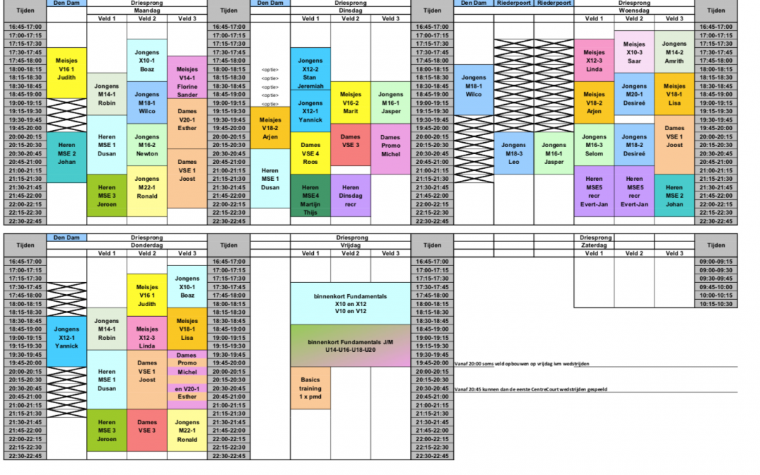 Trainingsschema vanaf maandag 31 augustus