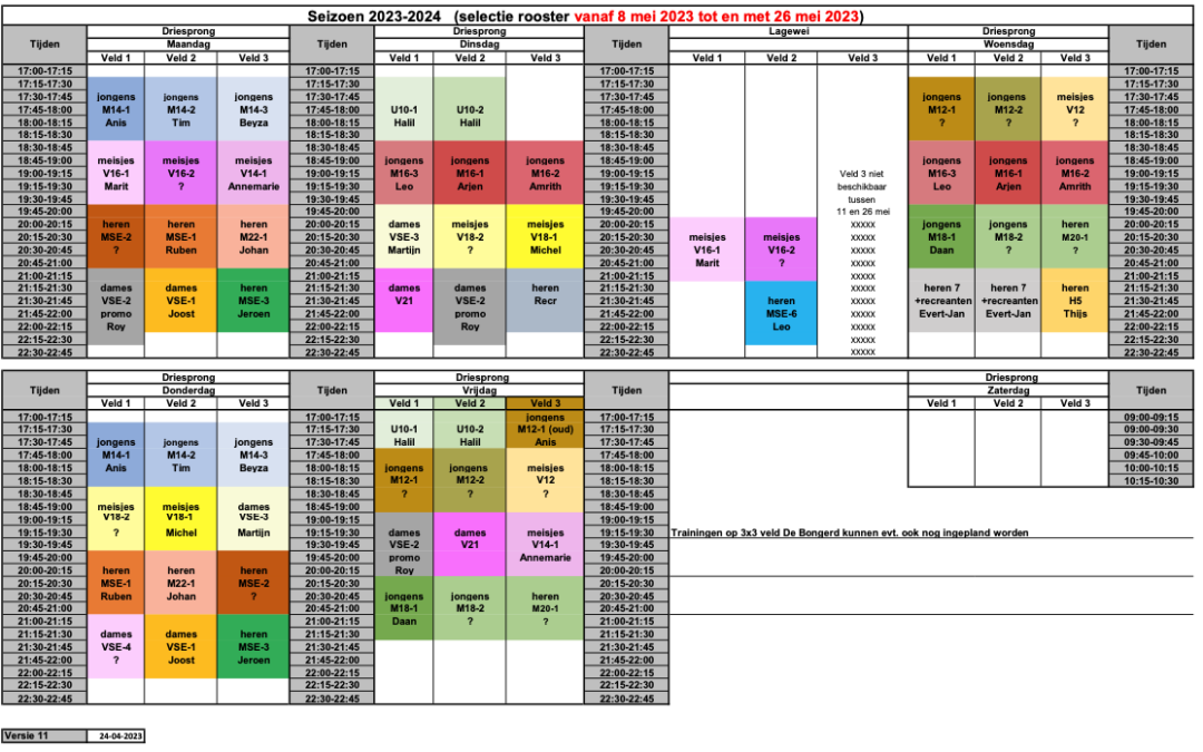 Trainingstijden vanaf 8 mei nu op de site, bijgewerkt 5-5