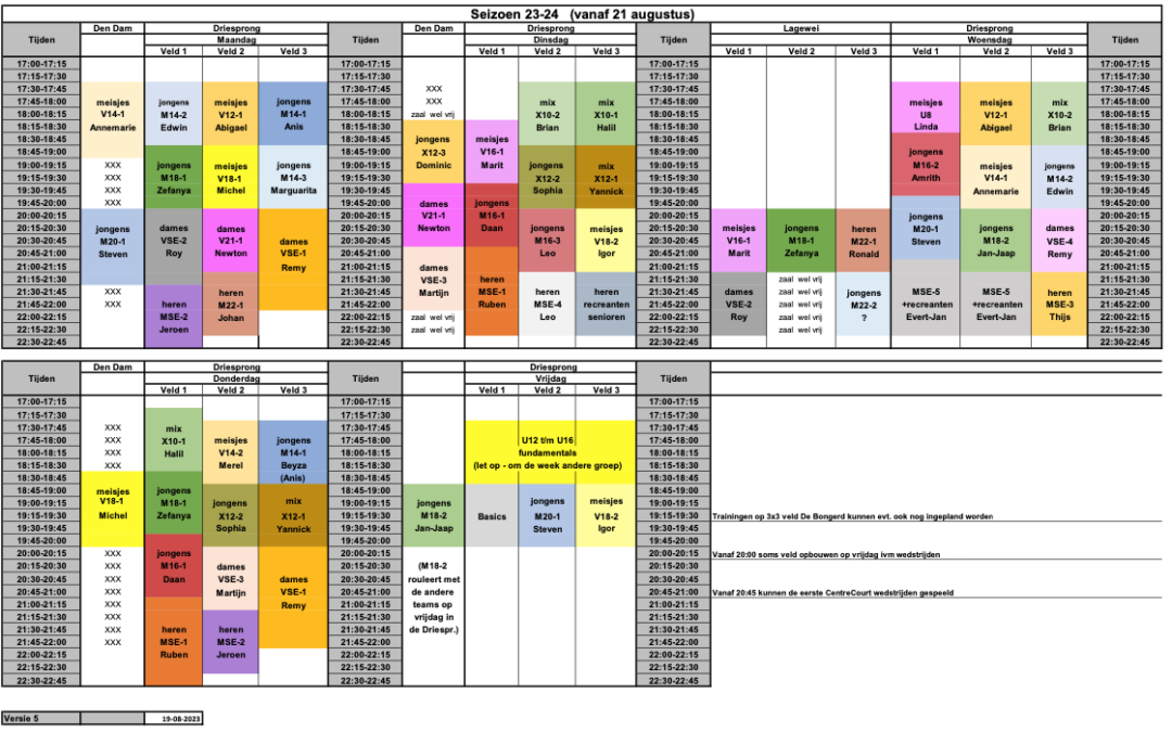 Trainingen starten 21 augustus, gecorrigeerd schema !!!